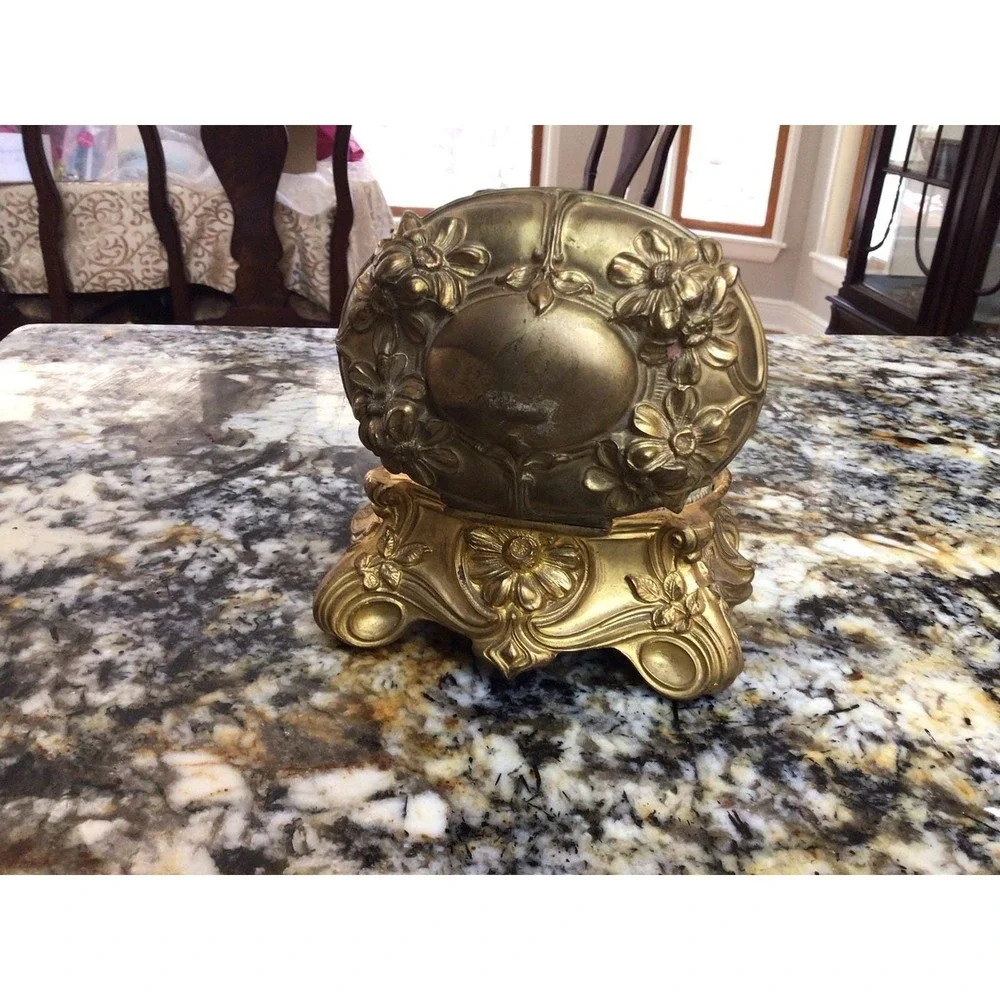 Vintage Ornate Jewelry Casket Trinket Box Gold Tone Floral Footed Vanity Box Hea